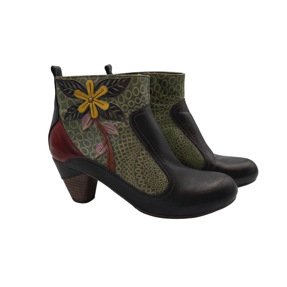 Spring Step L'Artiste Dramatic Green Leather Floral Ankle Boots Size 37